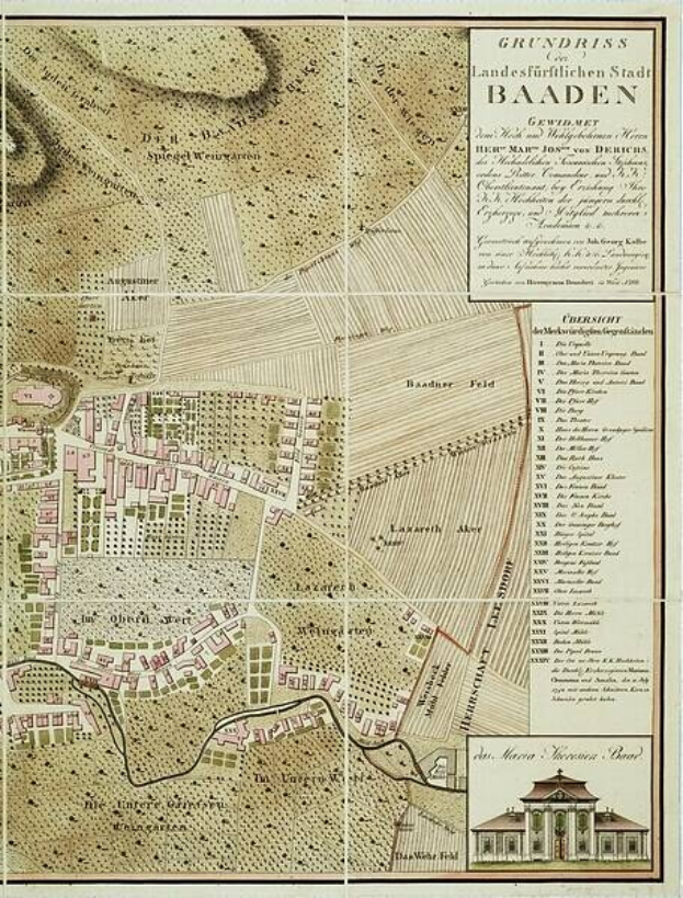 Alte detaillierte Karte von Baden-Württemberg, Deutschland, mit einem Gebäude in der rechten unteren Ecke, das Straßen, Gebäude und Texte mit Stadtinformationen anzeigt.