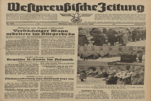 Schwarze und weiße Titelseite einer deutschen Zeitung vom 13. November 1939, betitelt "Weitpreubliche Zeitung", mit einer Gruppe von Menschen in traditioneller deutscher Tracht.