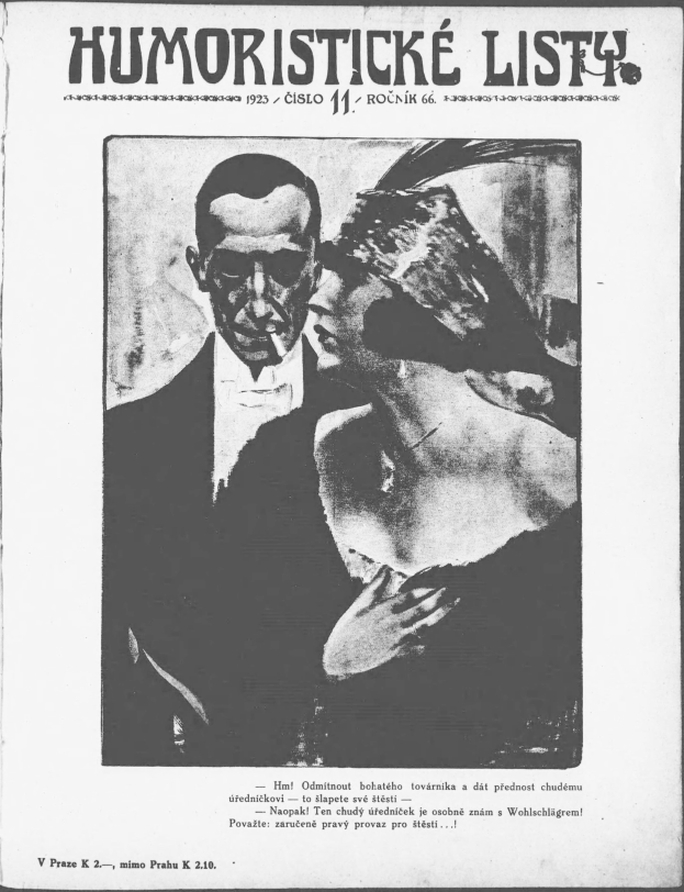 Schwarzes und weißes Magazin-Cover mit der Überschrift 'Humoristische Liste', das einen Mann in einem Anzug mit ernster Miene und eine Frau mit einem leichten Grinsen zeigt, die wegsieht.