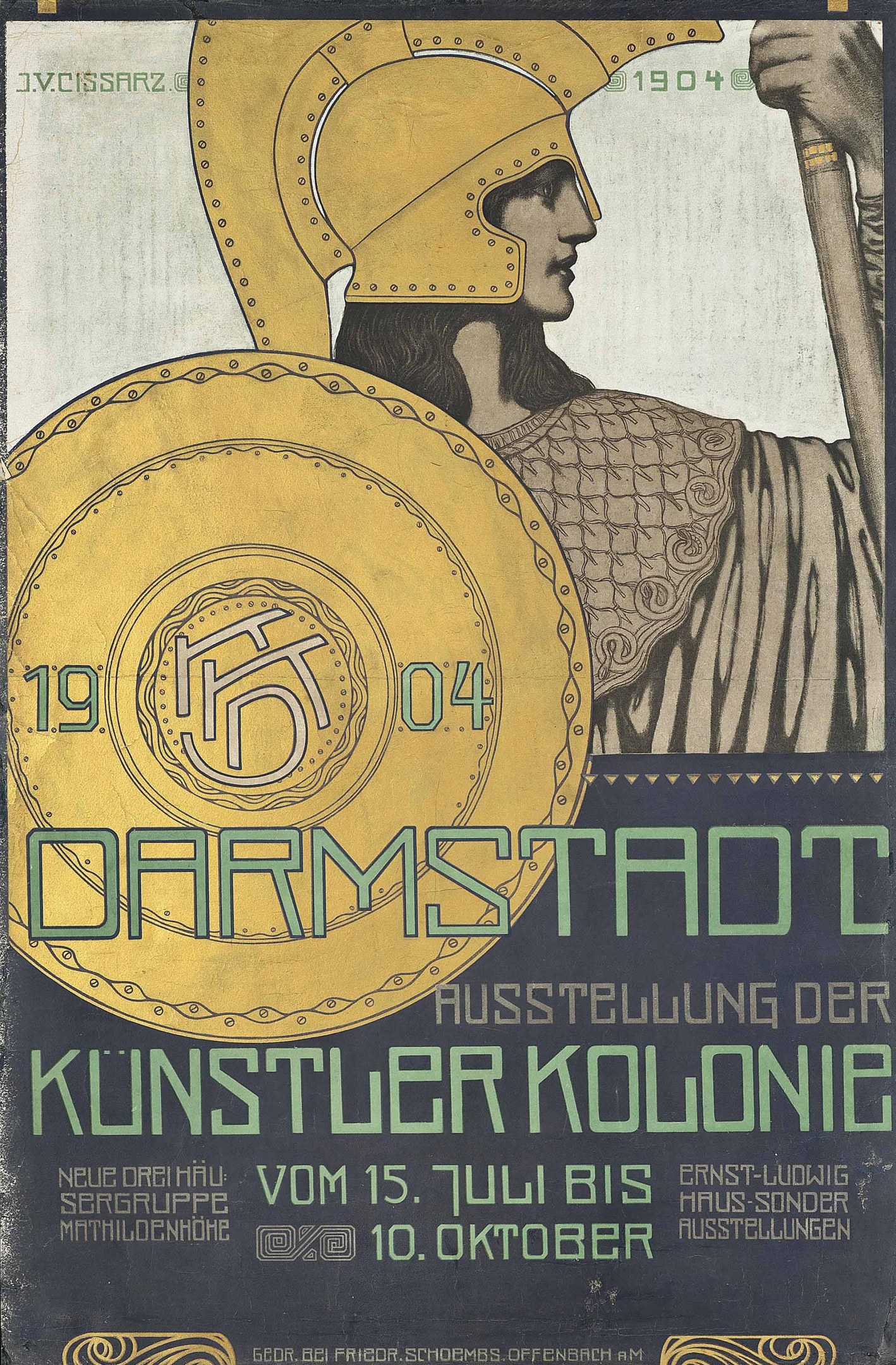 Plakat für ein 1904er Berlin-Konzert mit einem Helmträger, der ein Schild hält, auf dem «Darmstadt» und «Kuenstler Kolonie» steht