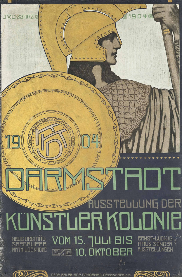 Plakat für ein 1904er Berlin-Konzert mit einem Helmträger, der ein Schild hält, auf dem «Darmstadt» und «Kuenstler Kolonie» steht