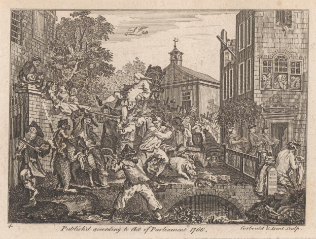 Eine Schwarz-Weiß-Radierung einer Gruppe von Menschen in einer Stadt mit Gebäuden, Bäumen und einem Himmel im Hintergrund, mit dem Text "Das Parlamentsgesetz 1706" unten.