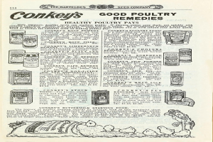 Eine alte Werbung für Conkey's Good Poultry Remedies, die Text und Bilder verschiedener Lebensmittel auf einem Papier zeigt.
