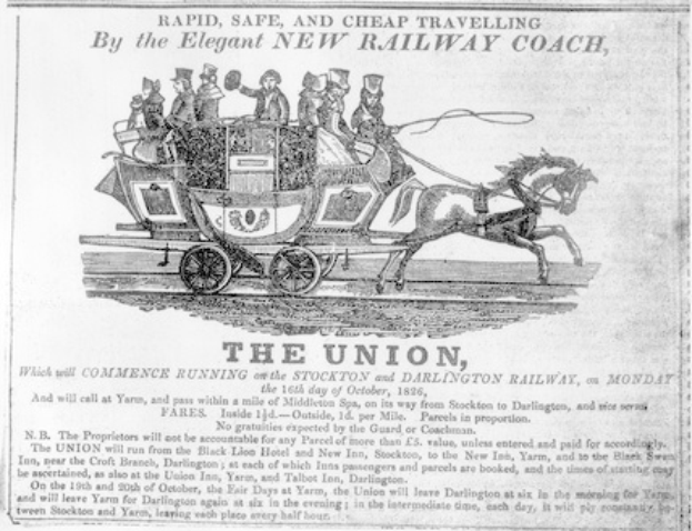 Schwarze und weiße Zeitungsanzeige für die Gewerkschaft, die eine mit Menschen gefüllte Kutsche zeigt.