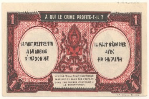 Alte französische Banknote mit ernstem Mann im Anzug, Text 'A qui le crime profite-il?' und schwarzem Rand auf weißem Hintergrund.