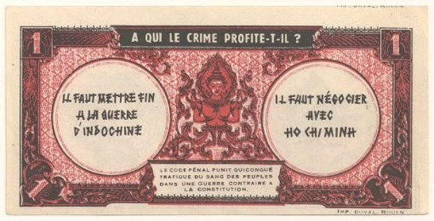 Alte französische Banknote mit ernstem Mann im Anzug, Text 'A qui le crime profite-il?' und schwarzem Rand auf weißem Hintergrund.