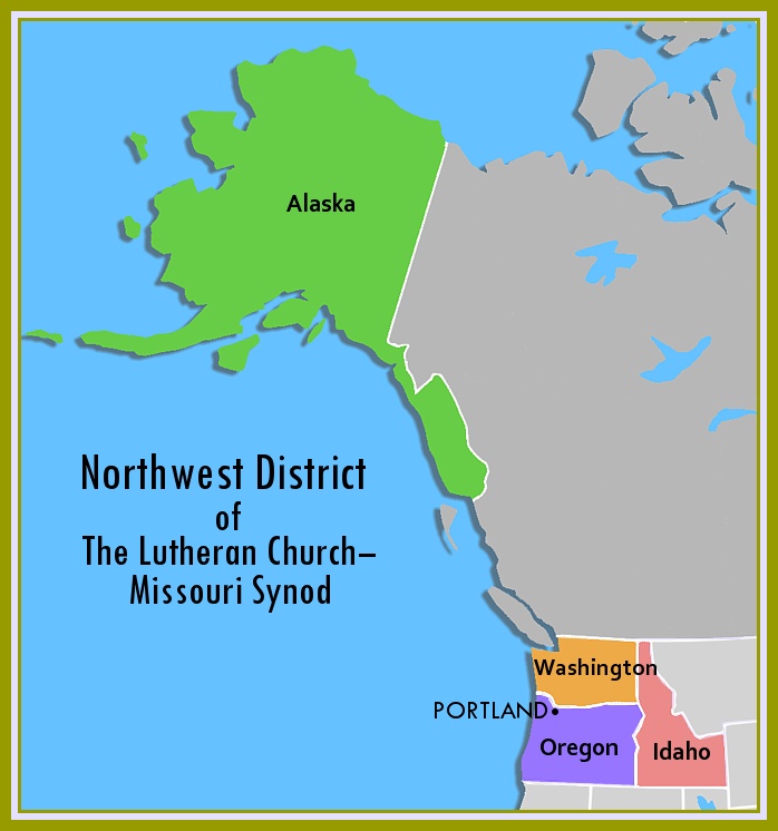 Eine detaillierte Karte des Nordwestdistrikts der Lutheran Church-Missouri Synod, die verschiedene Distrikte und umliegende Gebiete zeigt, mit zusätzlichem Text, der Informationen über die Kirche und ihren Standort bereitstellt.
