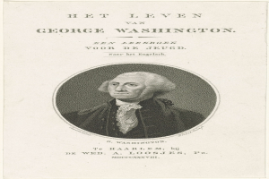 Porträt von George Washington auf Papier mit Text, frontal mit ernstem Gesichtsausdruck, trägt Anzug und Krawatte mit zurückgekämmtem Haar.