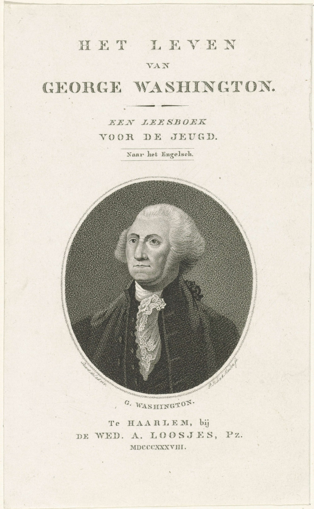 Porträt von George Washington auf Papier mit Text, frontal mit ernstem Gesichtsausdruck, trägt Anzug und Krawatte mit zurückgekämmtem Haar.