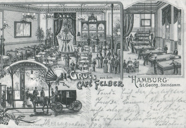 Alte Postkartenillustration eines Restaurants in Hamburg, Deutschland, mit einem Pferdewagen, Menschen, Möbeln, Pflanzen, Kronleuchtern, Rahmen an der Wand, Vorhängen und Text.