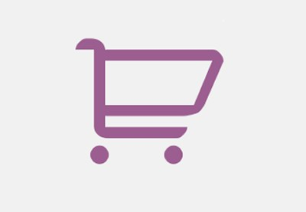 Purple shopping cart icon filled with fruits, vegetables, and grocery items on a white background, representing an ecommerce website.