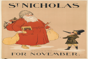 Ein Buchumschlag mit der Aufschrift "St. Nikolaus für November" mit Santa Claus und einem Kind.