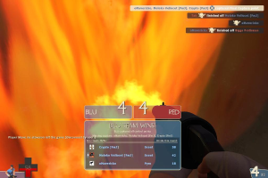 Eine animierte Abbildung mit zwei Personen, die Waffen halten, eine rechts und eine unten links, mit Text in der Mitte und oben rechts und einem Feuer im Hintergrund.