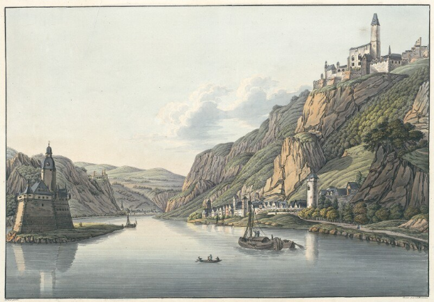 Gemälde eines Flusses mit Booten, umgeben von Hügeln, Bäumen, Gebäuden und einem wolkenverhangenen Himmel, mit der Beschriftung "Schloss Karlsruhe in Deutschland" unten.