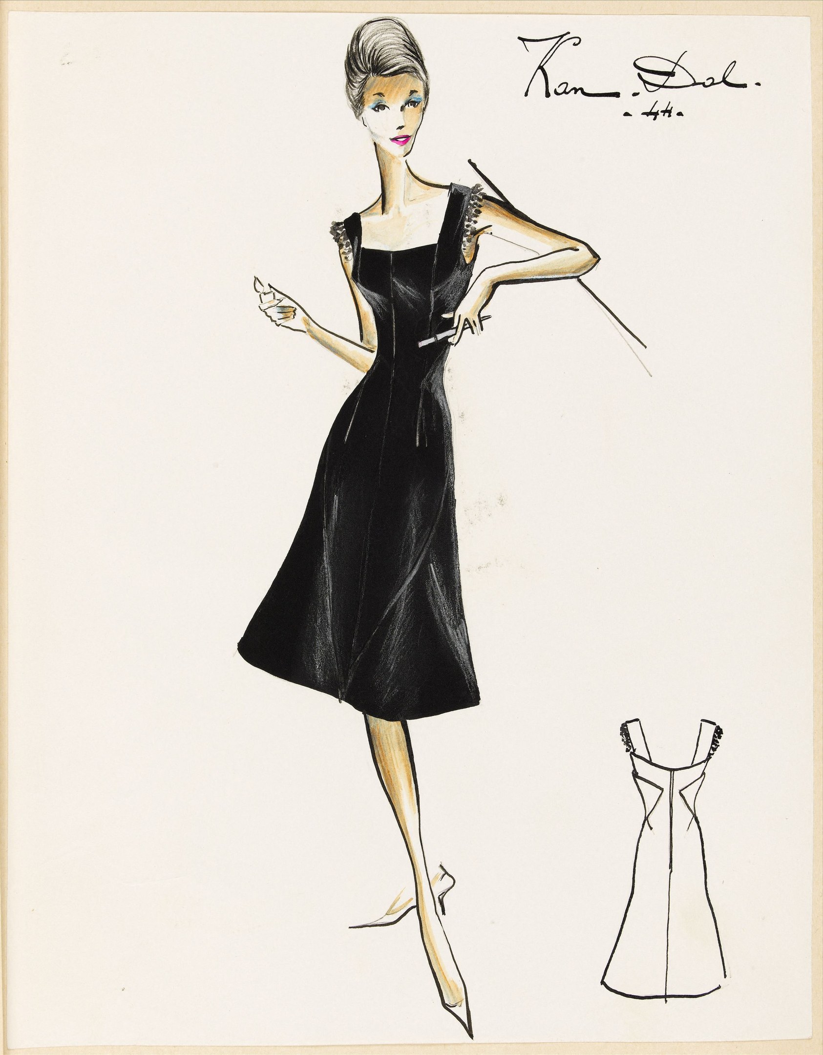 Eine Schwarz-Weiß-Zeichnung einer Frau in einem eng anliegenden Oberteil und einem knielangen Rock, die schwarze High Heels trägt und eine glatte Hochsteckfrisur hat, mit feinen Zügen und einem seitlich geneigten Blick.