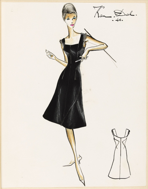 Eine Schwarz-Weiß-Zeichnung einer Frau in einem eng anliegenden Oberteil und einem knielangen Rock, die schwarze High Heels trägt und eine glatte Hochsteckfrisur hat, mit feinen Zügen und einem seitlich geneigten Blick.