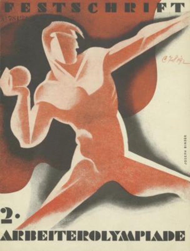 Ein Plakat für die Olympischen Sommerspiele 1932 in Berlin, Deutschland, das eine Person in einem hellgelben Overall mit entschlossener Miene zeigt, umgeben von Text einschließlich "Festschrift" in fetter, schwarzer Schrift.