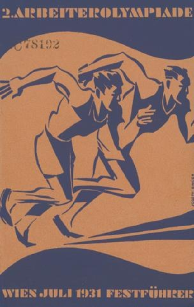 Plakat für die Olympischen Spiele 1932 in Berlin, das zwei Läufer in der Vorderansicht zeigt.