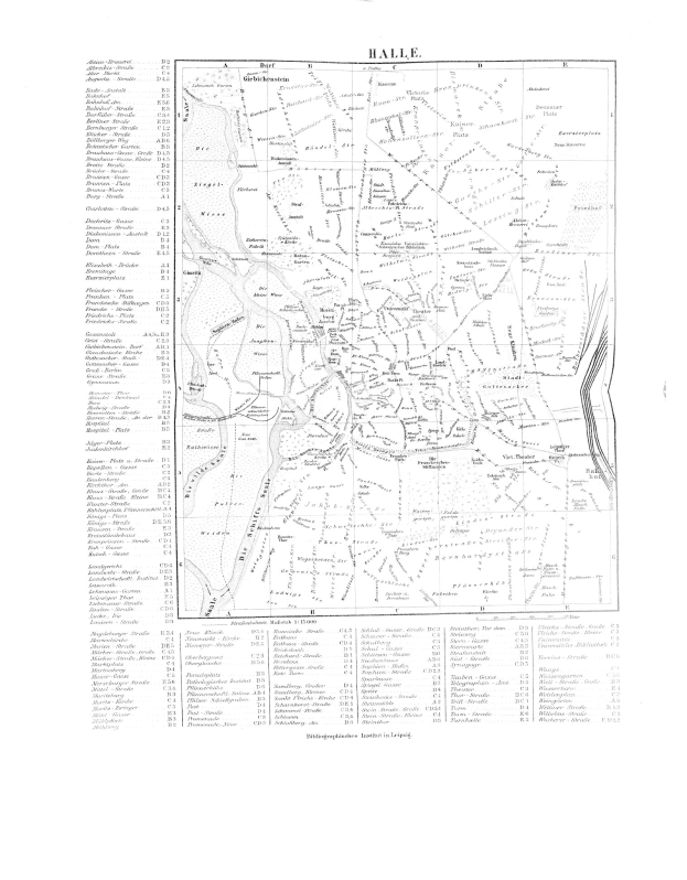 Schwarze und weiße Karte von Halle, Deutschland, mit detaillierten Straßennamen und Gebietskennzeichnungen.