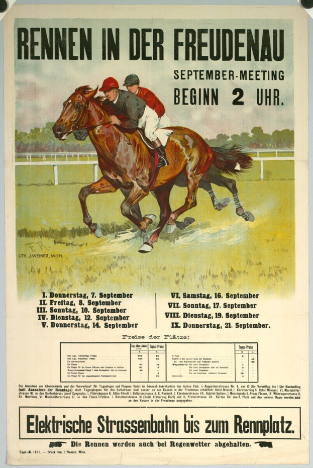 Plakat für ein Pferderennen in Deutschland, das zwei Reiter auf Pferden im Vordergrund zeigt, mit Bäumen im Hintergrund und Text mit Renninformationen.