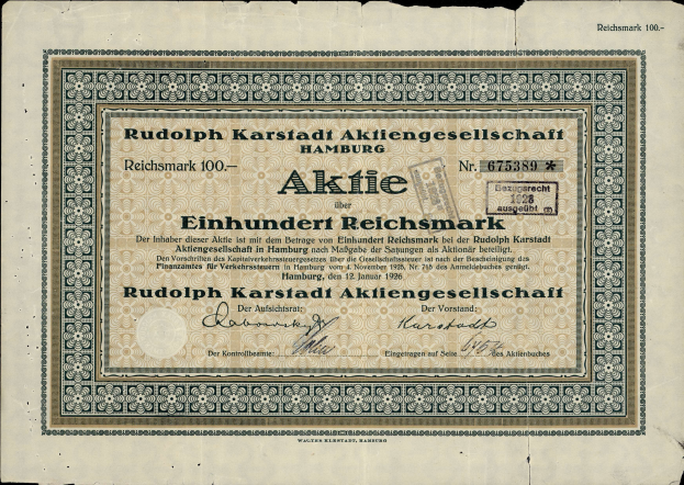 Ein alter deutscher Geldschein mit schwarzem Hintergrund und der Aufschrift "Rudolph Karlstadt Aktiengesellschaft Hamburg"