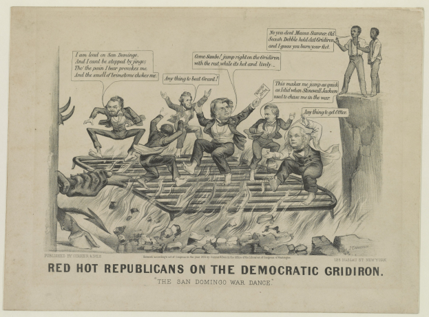 Eine Zeichnung auf Papier zeigt rote Figuren, die als 'Republikaner' bezeichnet werden, auf einem blauen Gridiron, mit wütenden, verzweifelten Gesichtern und erhobenen Armen, begleitet von fetter schwarzer Schrift.